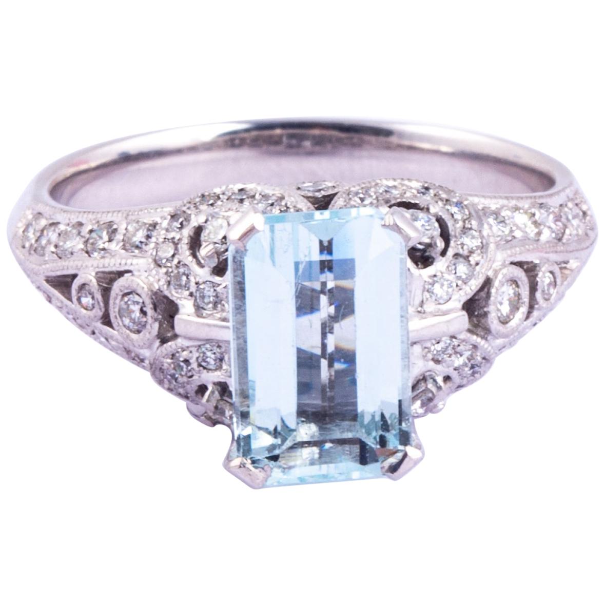 Vintage Aquamarine and Diamond Platinum Solitaire Ring