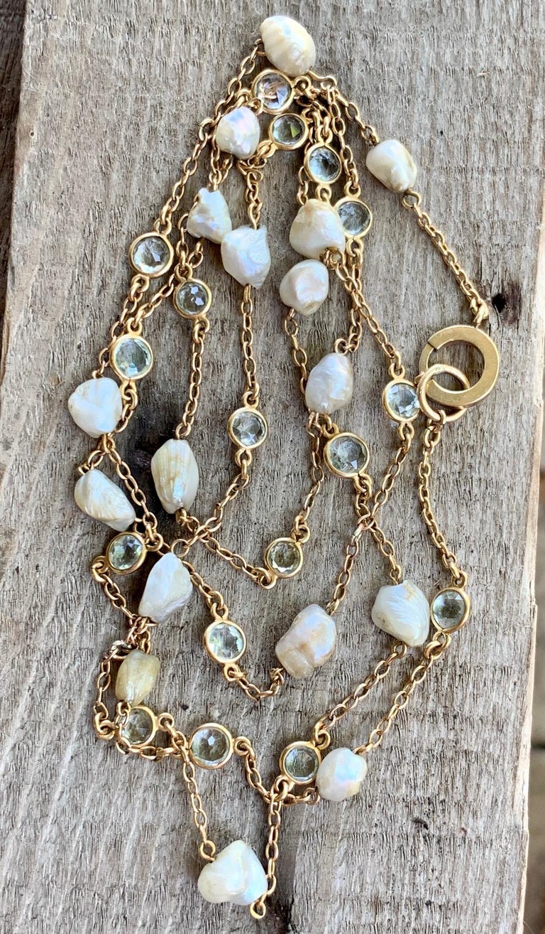 Vintage Aquamarine and Fresh Water Pearl 14 Karat Gold Chain at 1stDibs