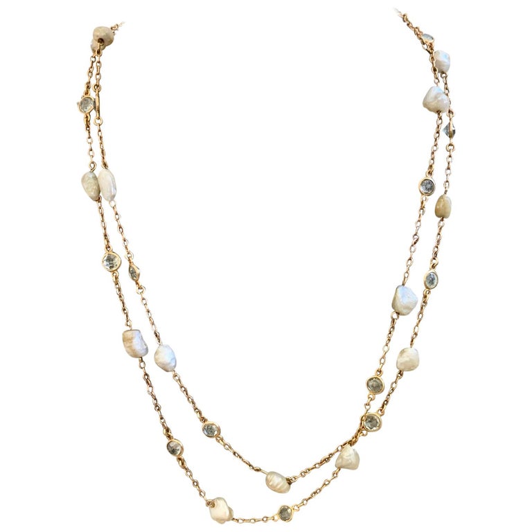 Vintage Aquamarine and Fresh Water Pearl 14 Karat Gold Chain at 1stDibs