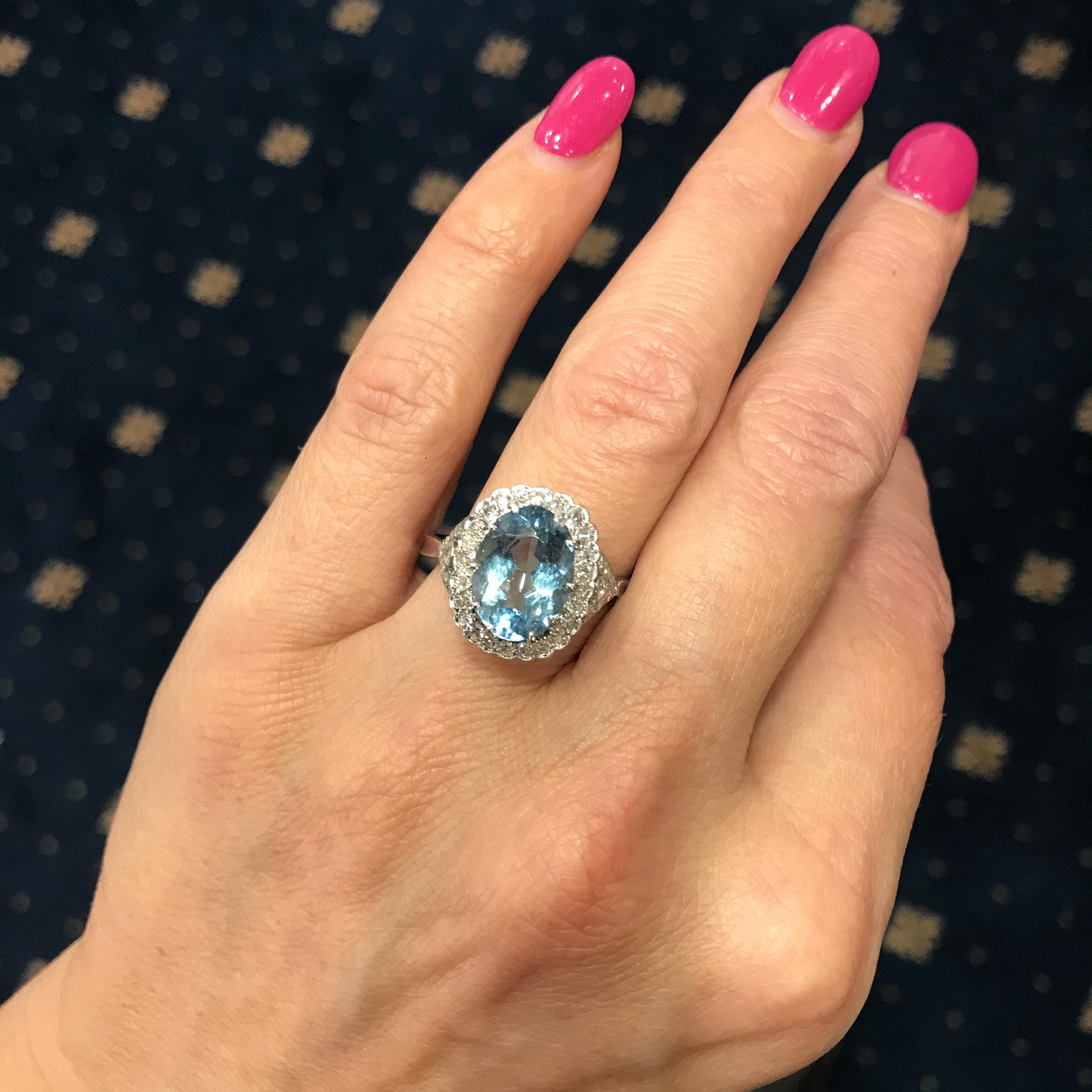 Vintage Aquamarine and Old Cut Diamond Ring In Excellent Condition In Armadale, Victoria