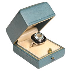 Vintage Aquamarine and Onyx Ring. 3ct Round Aquamarine Halo Ring 18K White Gold