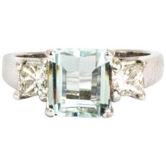 Vintage Aquamarine and Princess Cut Diamond 18 Carat White Gold Ring