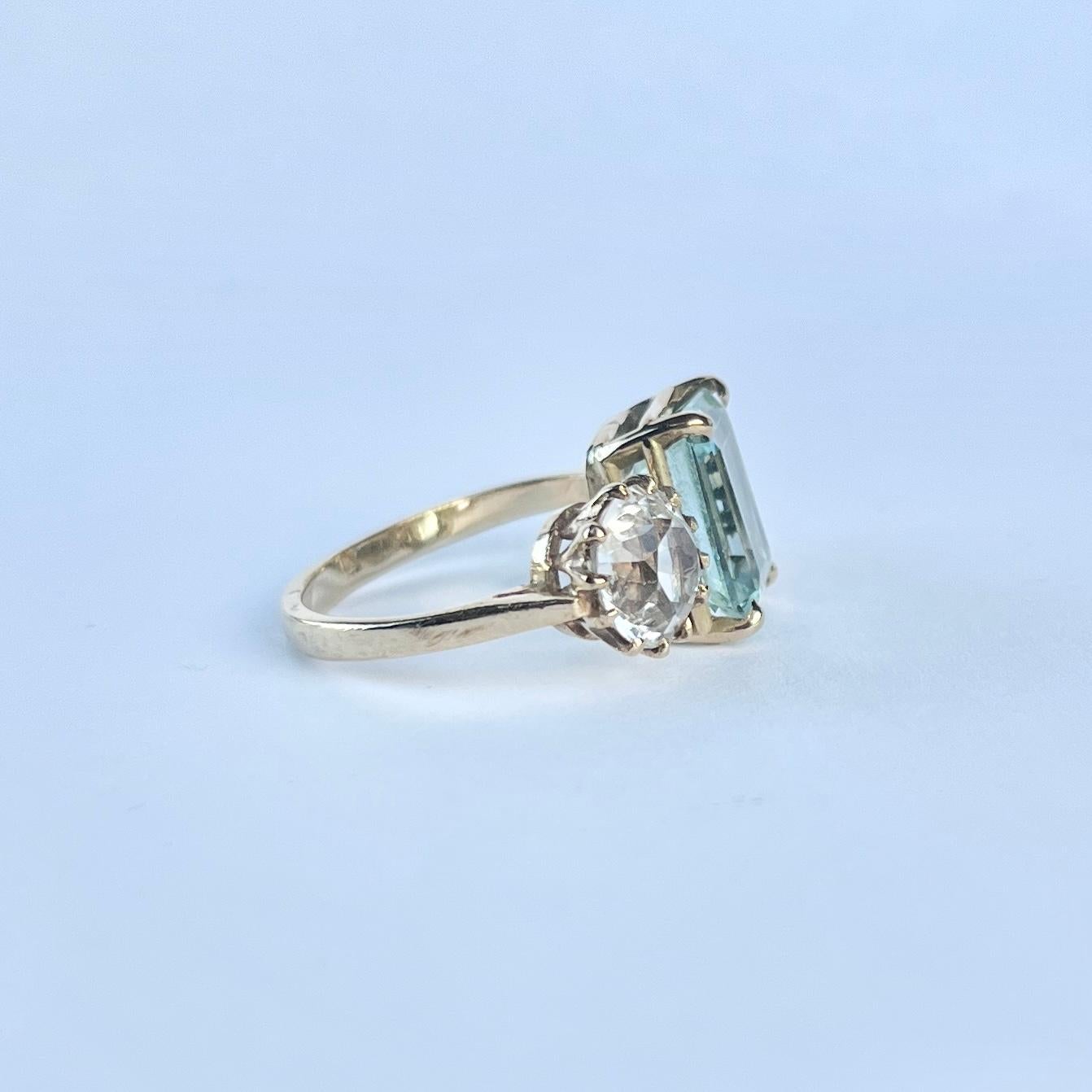 Vintage-Ring aus 9 Karat Gold mit drei Steinen, Aquamarin und weißem Stein Damen