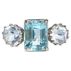 Vintage Aquamarine and White Stone 9 Carat Gold Three Stone Ring