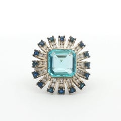 Vintage Aquamarine, Blue Sapphire, and Diamond Ballerina Platinum Ring