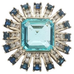 Vintage Aquamarine, Blue Sapphire, and Diamond Ballerina Platinum Ring