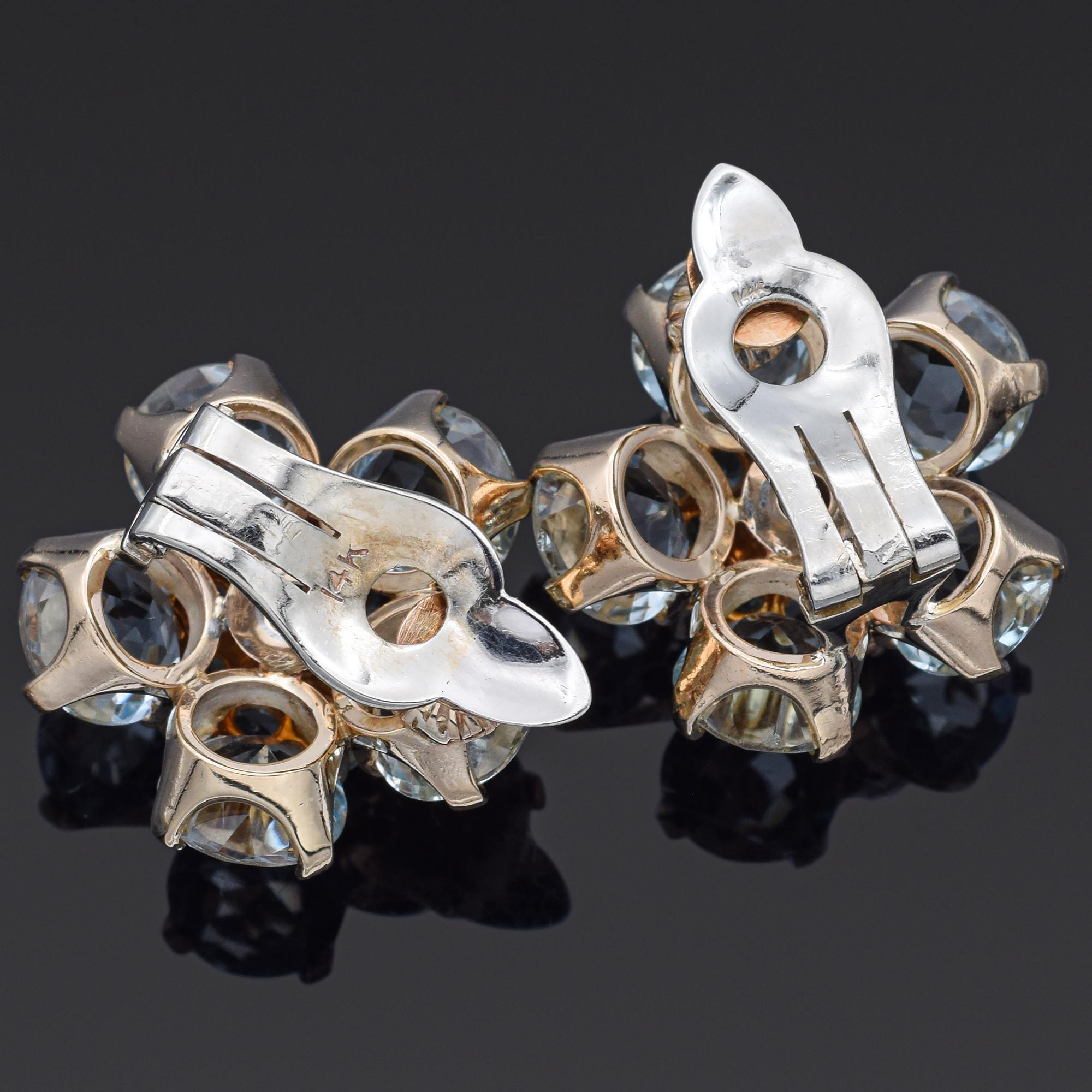 Mixed Cut Vintage Aquamarine & Blue Topaz Yellow White Gold Floral Clip-On Earrings For Sale