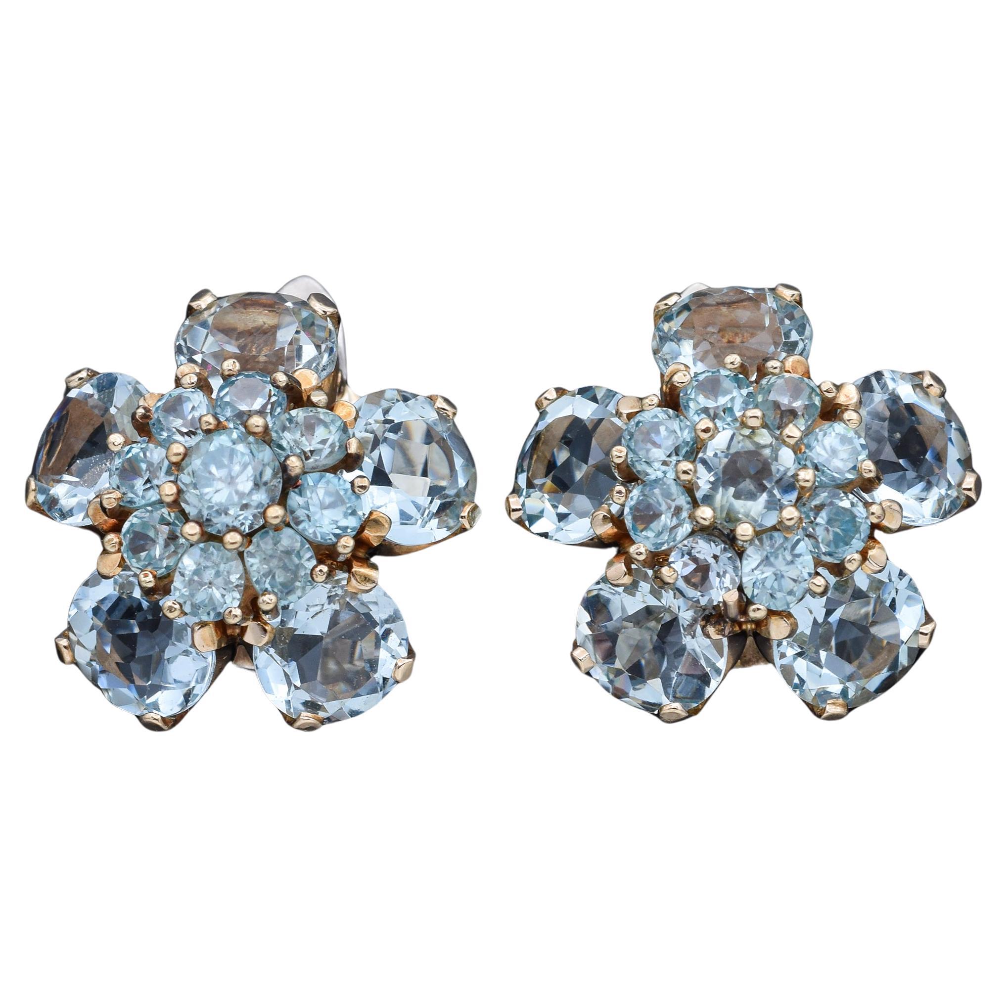 Vintage Aquamarine & Blue Topaz Yellow White Gold Floral Clip-On Earrings For Sale