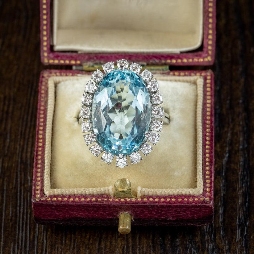 Vintage Aquamarine Cocktail Ring in 14ct White Gold, 13ct Aqua, 1.60ct Diamond For Sale 2