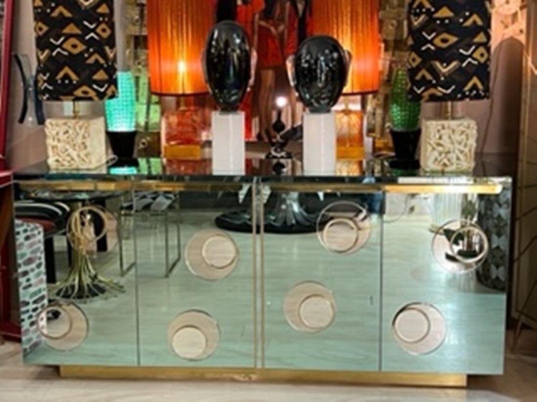 Vintage Aquamarine Crystal Credenza with Geometric Designs, 1980s In Excellent Condition In Florence, IT