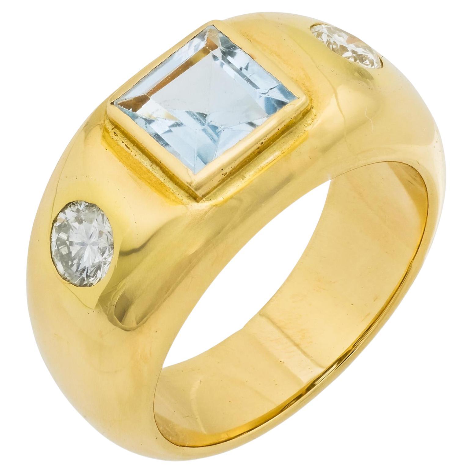 Vintage aquamarine diamant or jaune 18k bague trois pierres