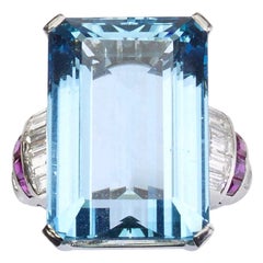 Vintage Aquamarine, Diamond and Ruby Ring