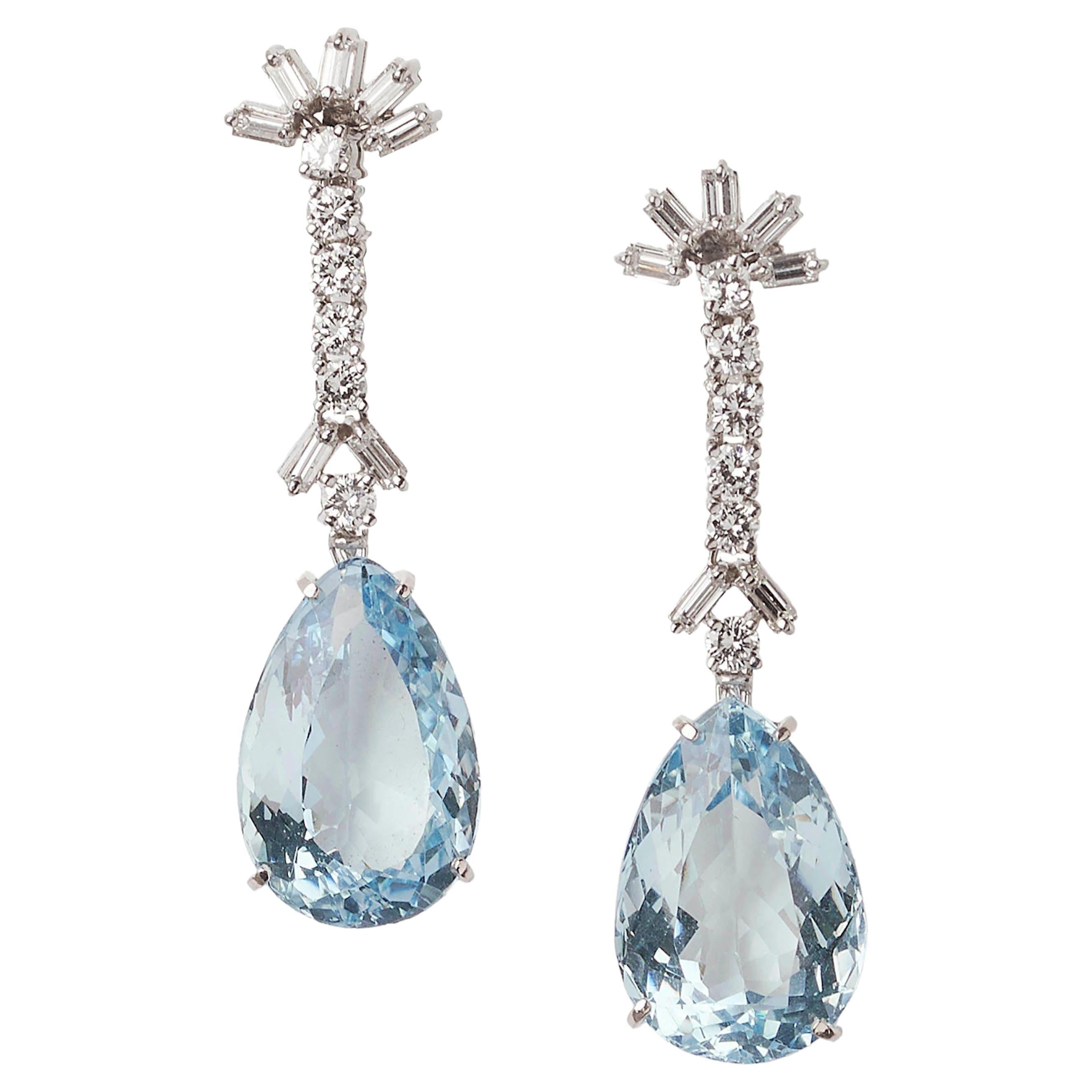 Vintage Aquamarine, Diamond and White Gold Drop Earrings, circa 1960 For Sale