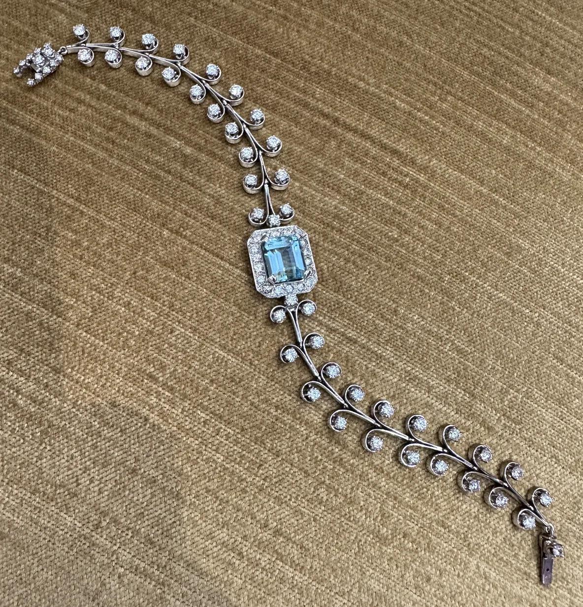 Taille émeraude Bracelet vintage aigue-marine et diamant en platine 7.5 inches en vente