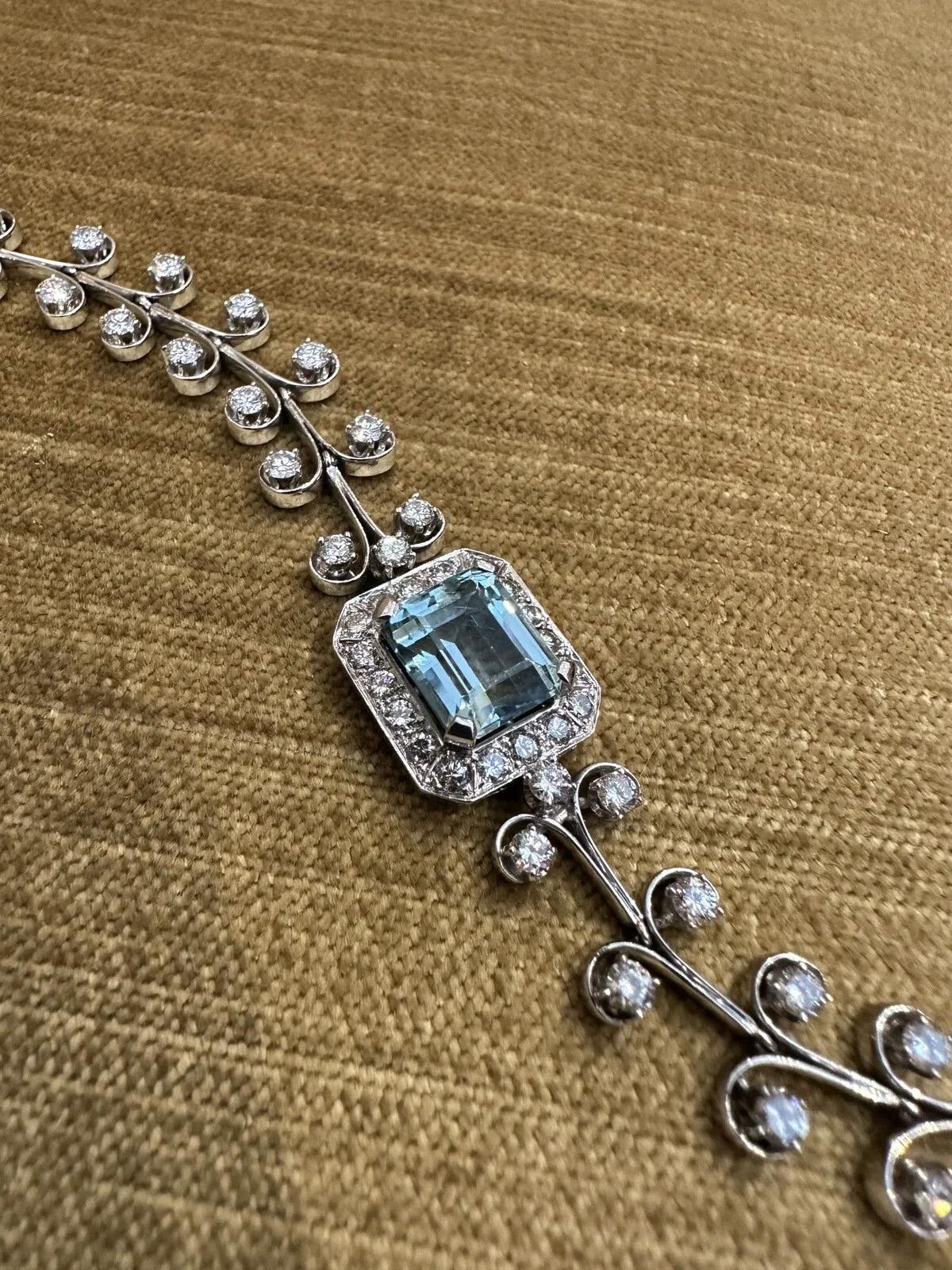 Vintage Aquamarine & Diamond Bracelet in Platinum 7.5 inches In Good Condition For Sale In La Jolla, CA