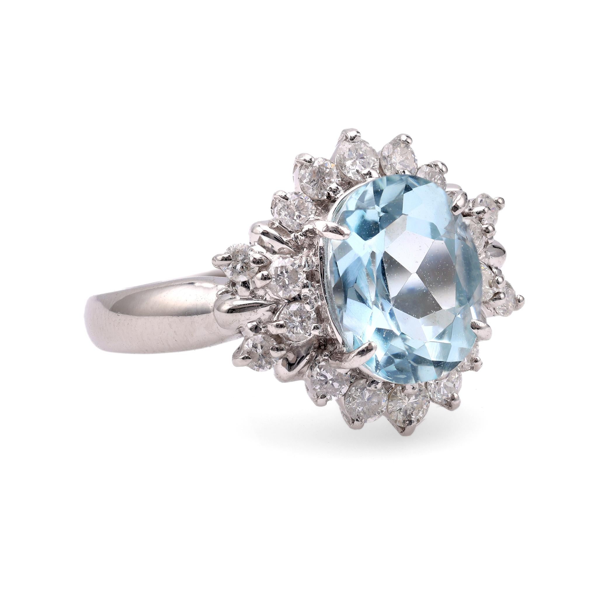 Vintage Aquamarine Diamond Cluster Platinum Ring In Excellent Condition In Beverly Hills, CA