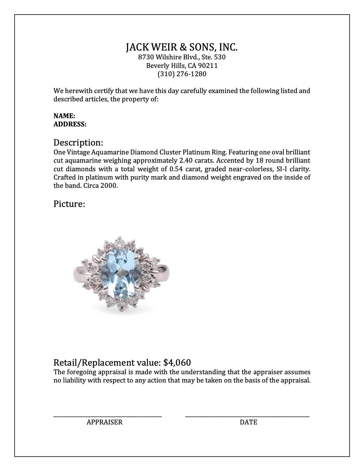 Vintage Aquamarine Diamond Cluster Platinum Ring For Sale 1