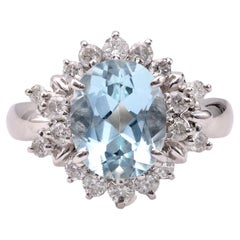 Vintage Aquamarine Diamond Cluster Platinum Ring