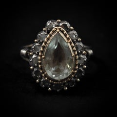 Vintage Aquamarine Diamond Cluster Ring 19.2K Rose Gold Silver Portuguese 1940s