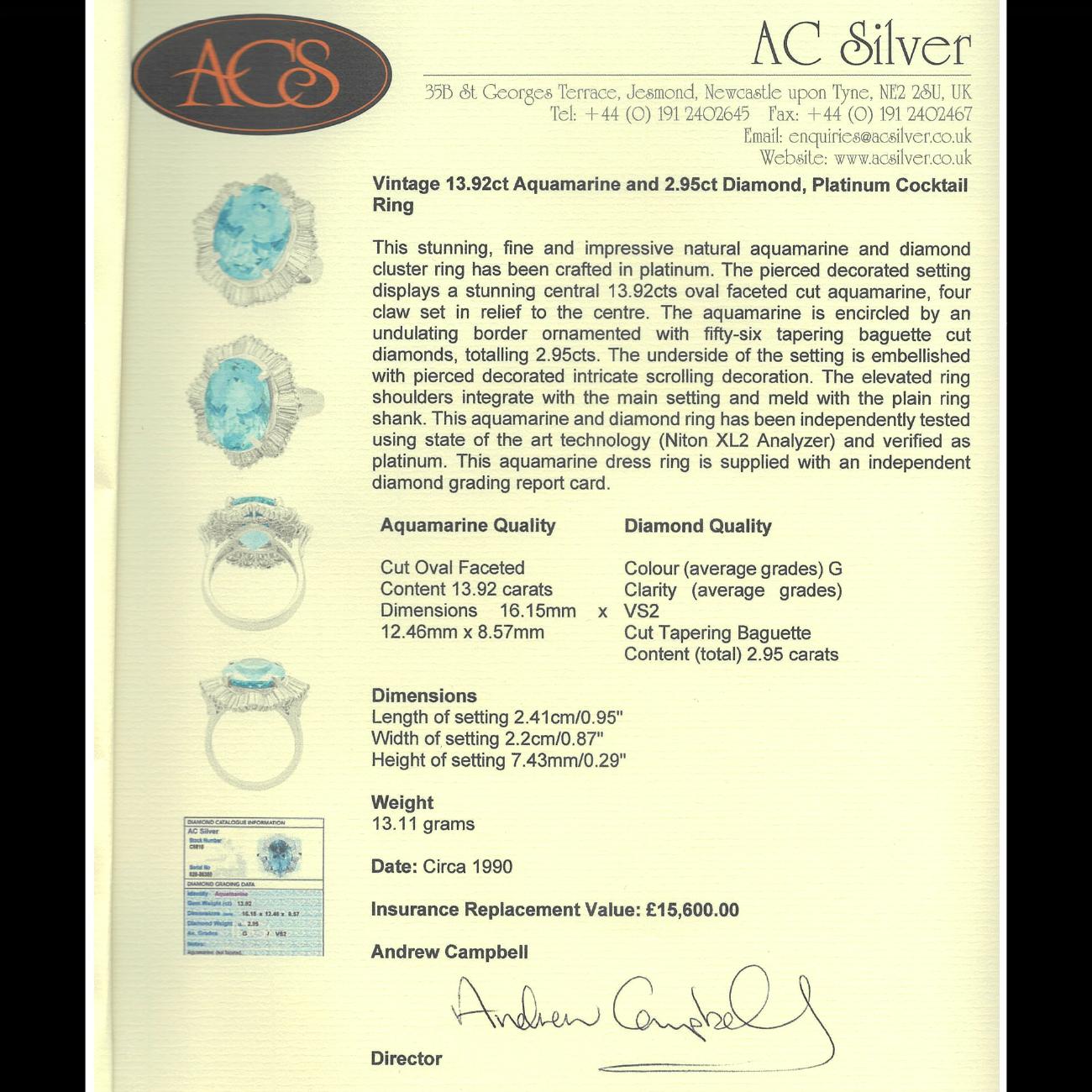 Vintage Aquamarine Diamond Cocktail Ring 13.92ct Aqua 2.95ct Diamond With Cert For Sale 5