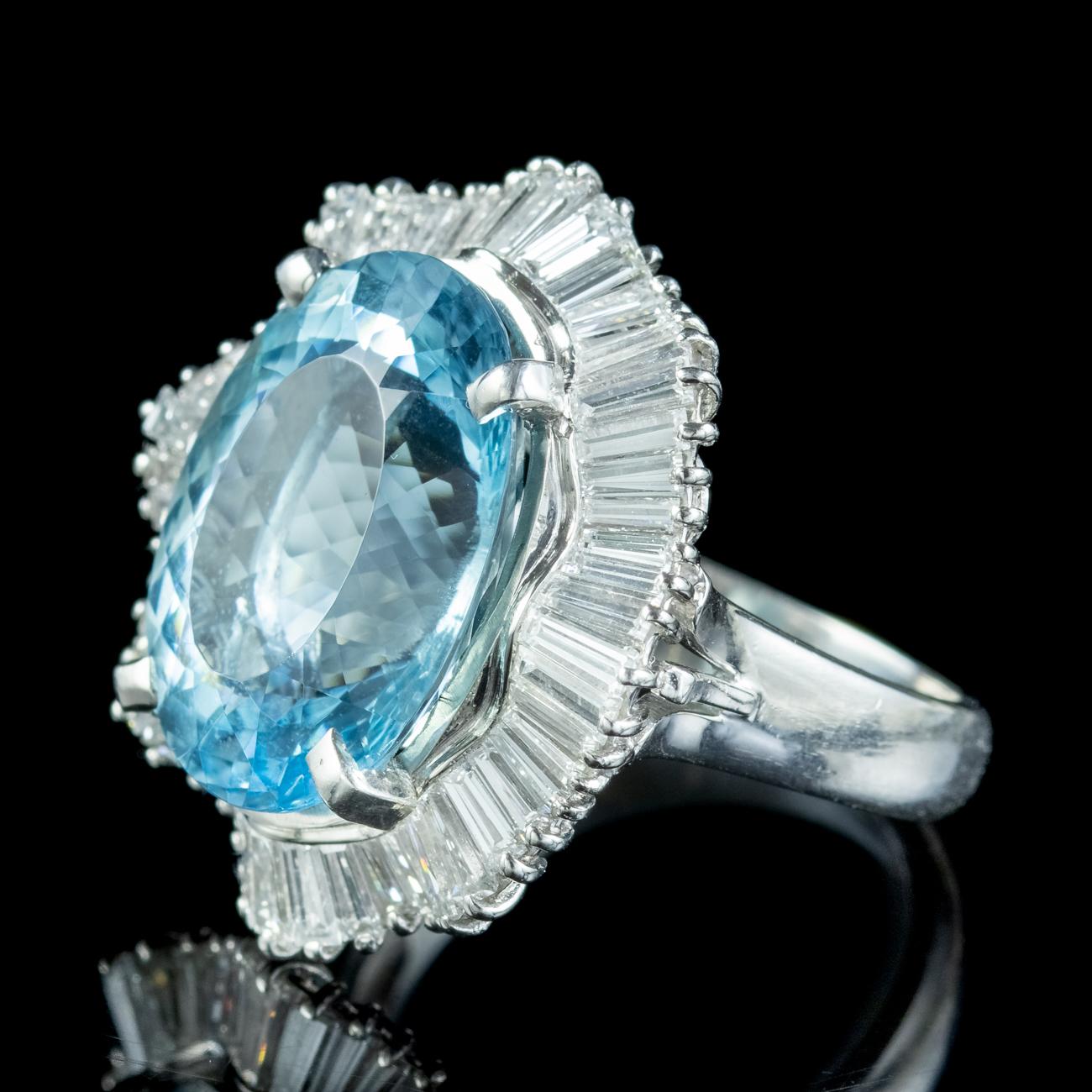 Oval Cut Vintage Aquamarine Diamond Cocktail Ring 13.92ct Aqua 2.95ct Diamond With Cert For Sale