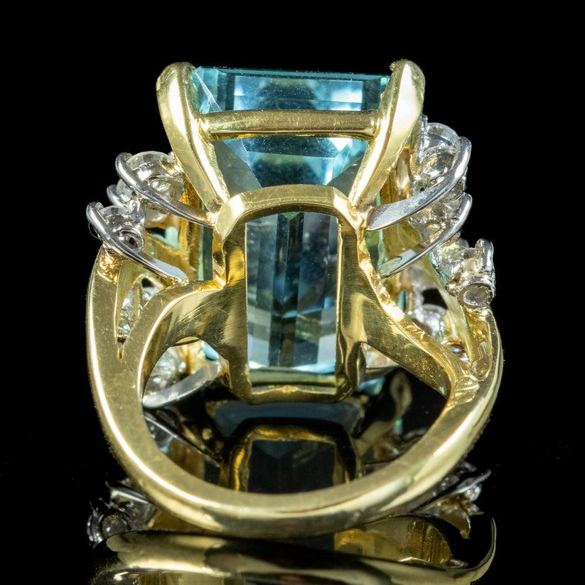 Emerald Cut Vintage Aquamarine Diamond Cocktail Ring in 17 Carat Aqua