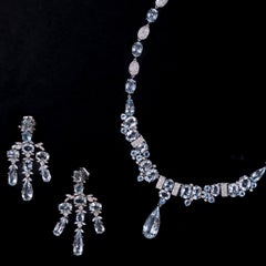 Vintage Aquamarine Diamond Girandole Earrings Necklace Set 18K White Gold 1990s