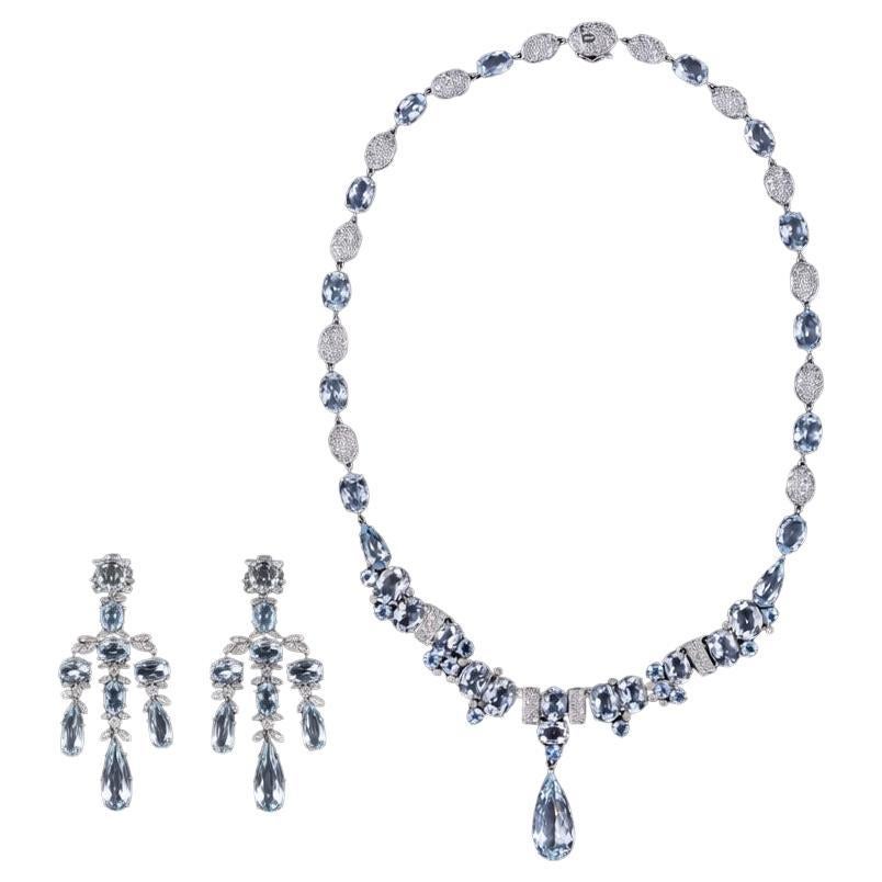 Vintage Aguamarina Diamante Girandole Pendientes Collar Conjunto Oro Blanco 18K Década de 1990