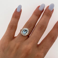 Vintage Aquamarine & Diamond Halo Ring in 15ct Yellow Gold & Silver