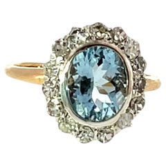 Vintage Aquamarine & Diamond Halo Ring in 15ct Yellow Gold & Silver