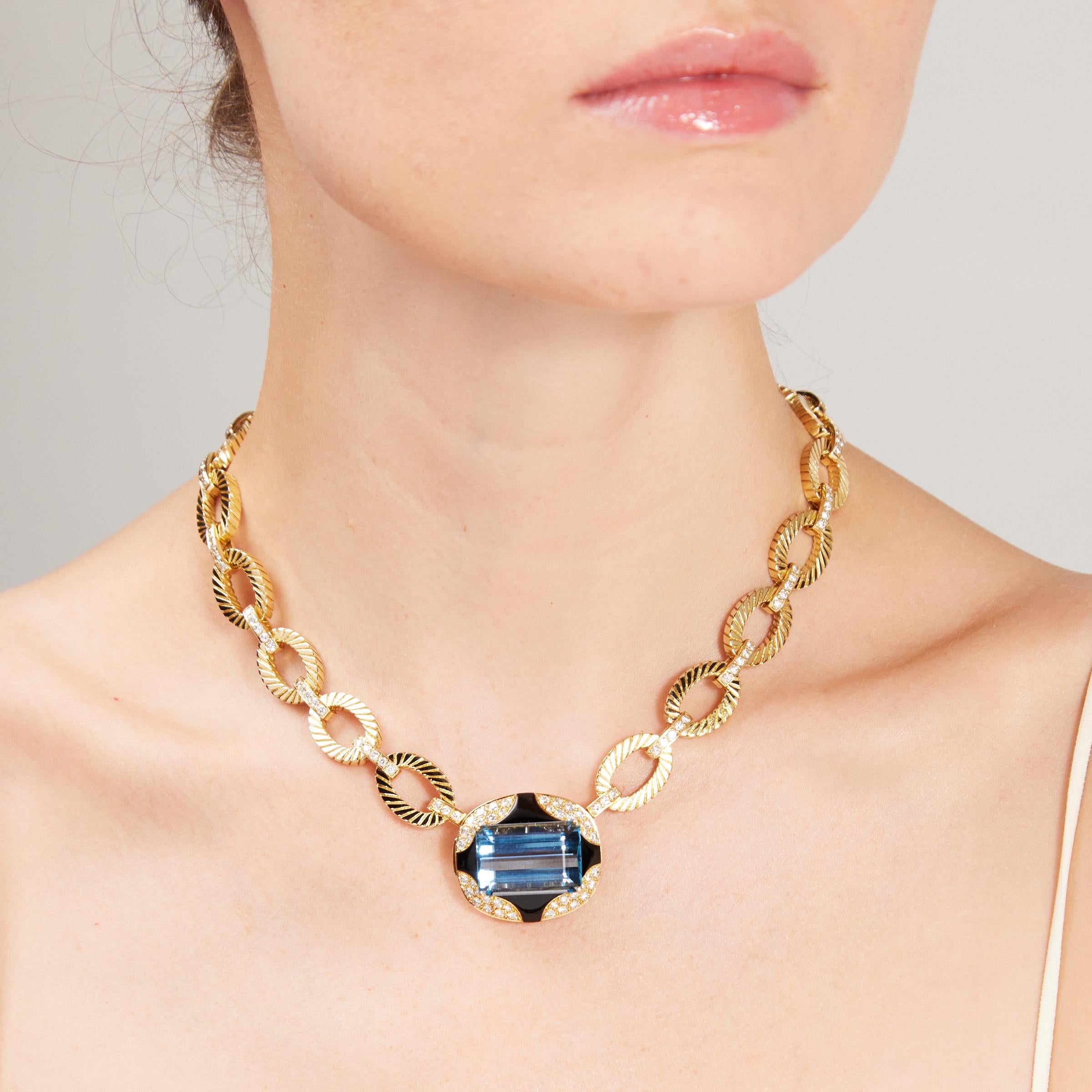 Women's Vintage Aquamarine Diamond Onyx Mauboussin Earrings Necklace Bracelet Suite For Sale
