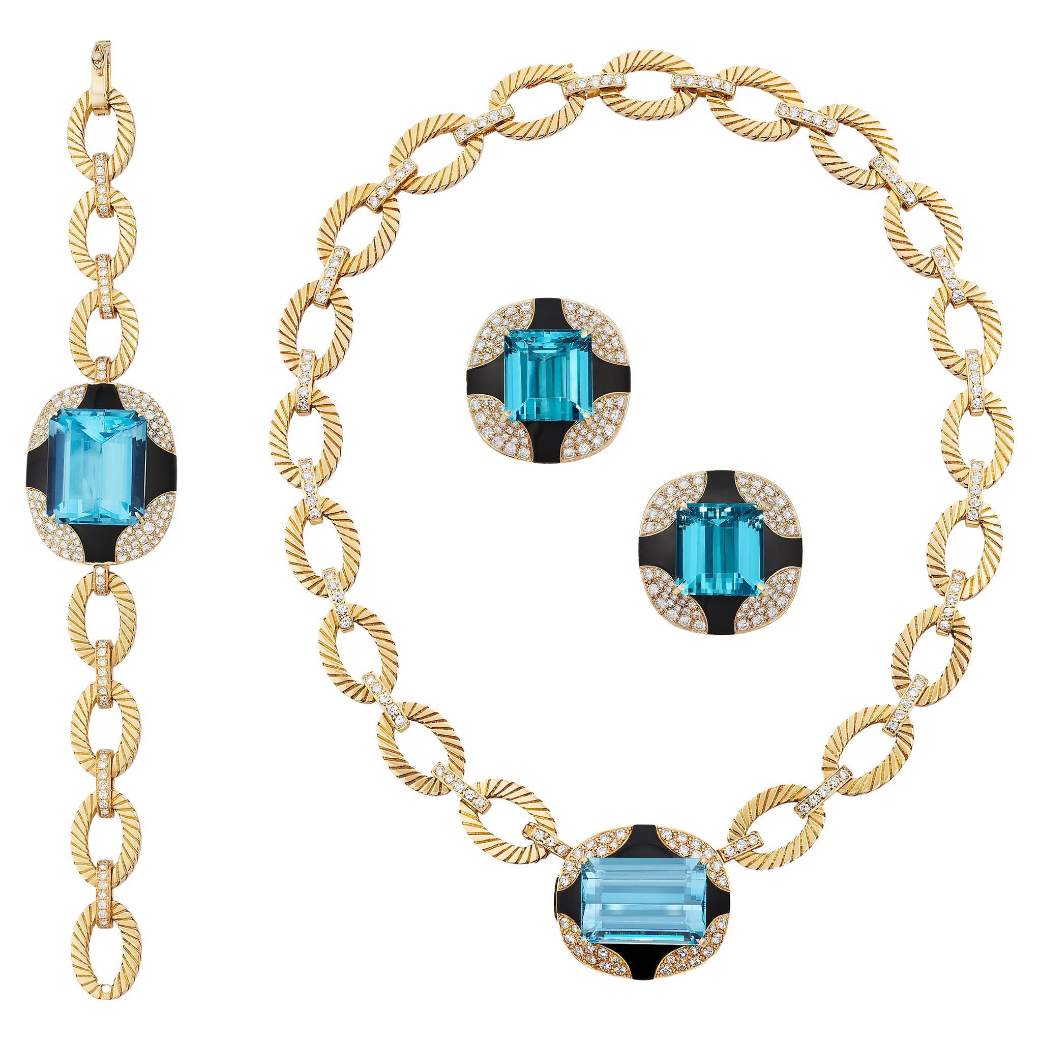 Vintage Aquamarine Diamond Onyx Mauboussin Earrings Necklace Bracelet Suite For Sale