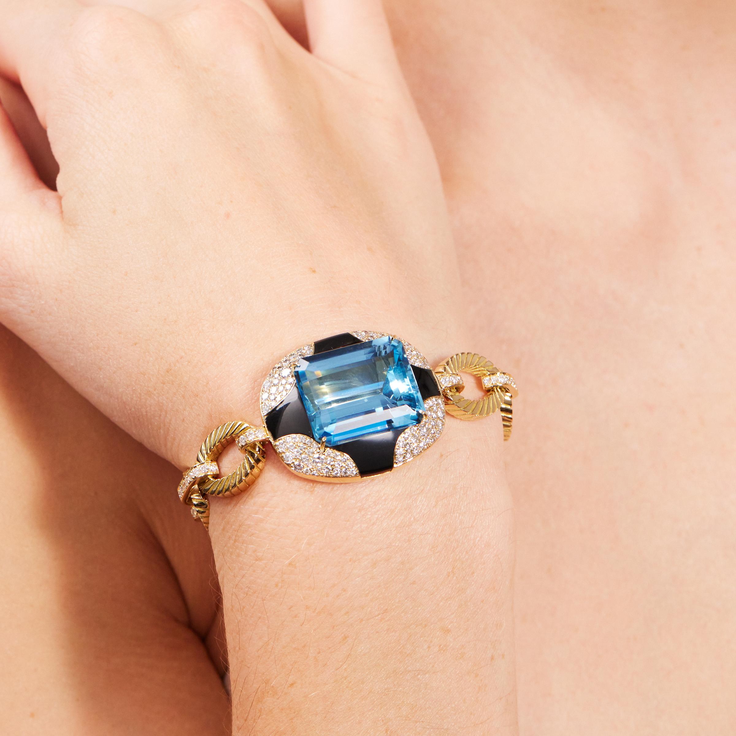 Emerald Cut Vintage Aquamarine Diamond Onyx Mauboussin Paris Bracelet in 18K Gold For Sale