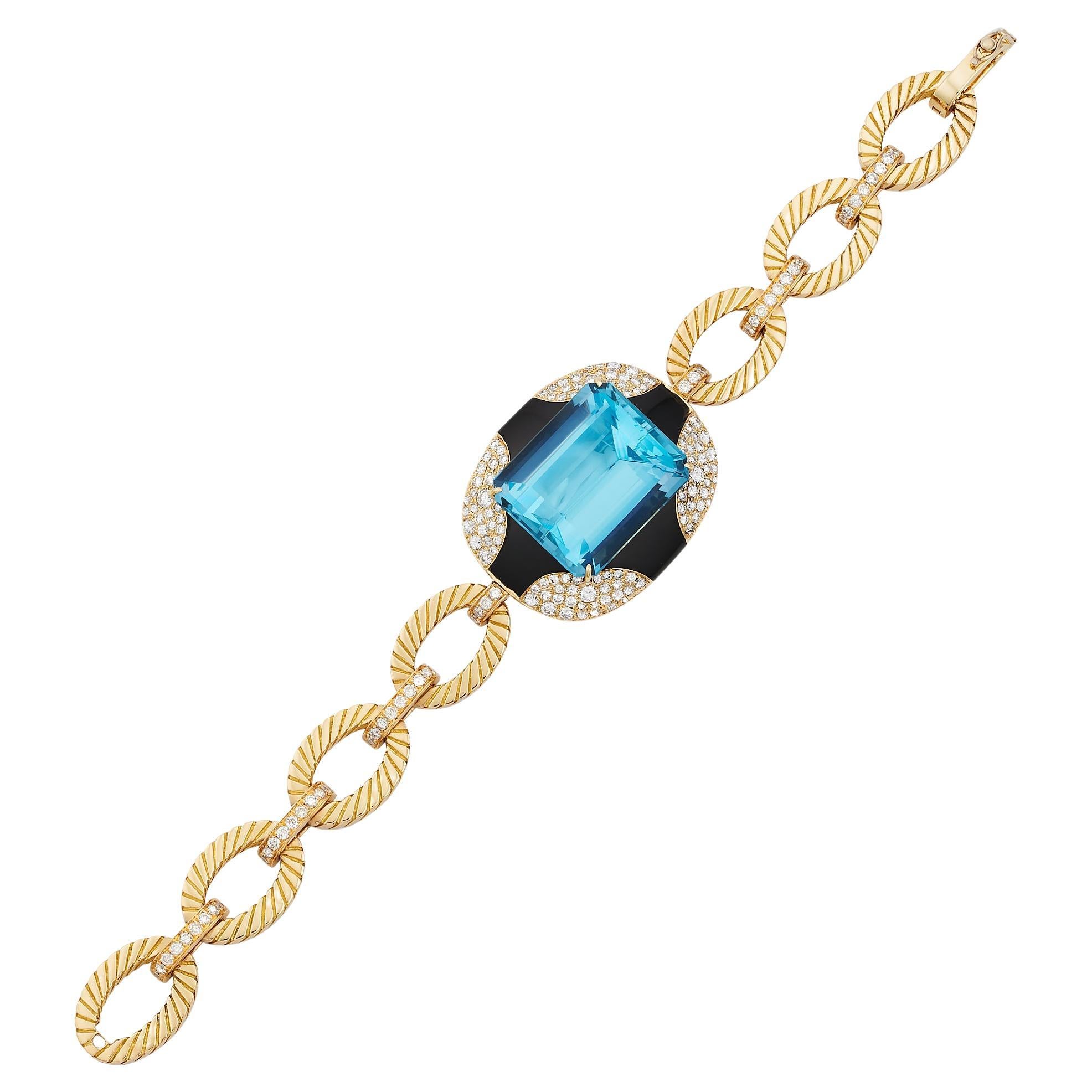 Vintage Aquamarine Diamond Onyx Mauboussin Paris Bracelet in 18K Gold For Sale