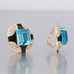 Vintage Aquamarine Diamond Onyx Mauboussin Paris Earrings in 18K Gold