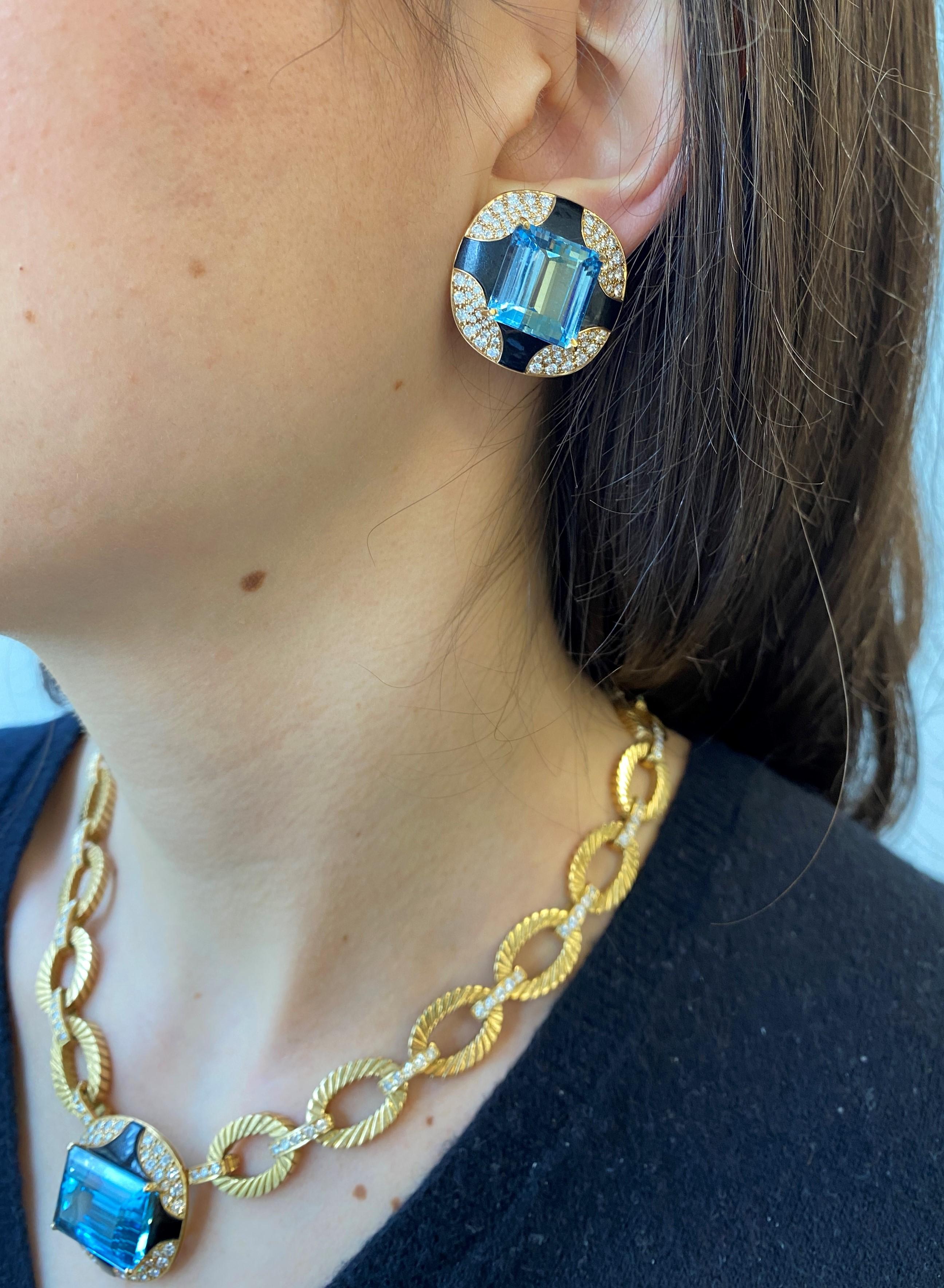 Women's Vintage Aquamarine Diamond Onyx Mauboussin Paris Earrings in 18K Gold For Sale