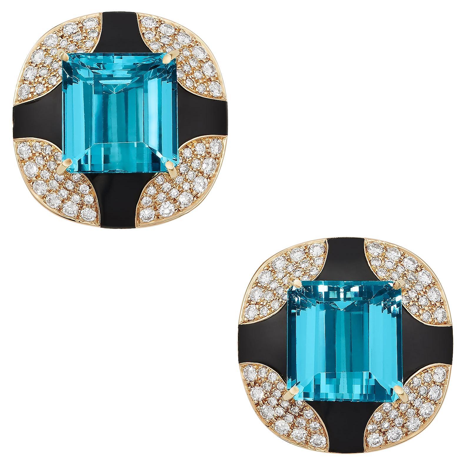 Vintage Aquamarine Diamond Onyx Mauboussin Paris Earrings in 18K Gold