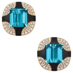 Retro Aquamarine Diamond Onyx Mauboussin Paris Earrings in 18K Gold