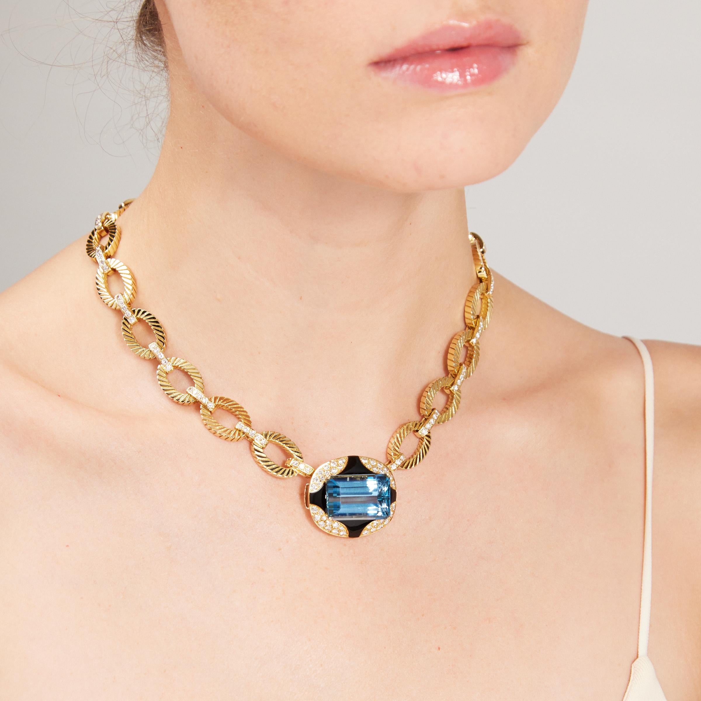 Emerald Cut Vintage Aquamarine Diamond Onyx Mauboussin Paris Necklace in 18K Gold For Sale