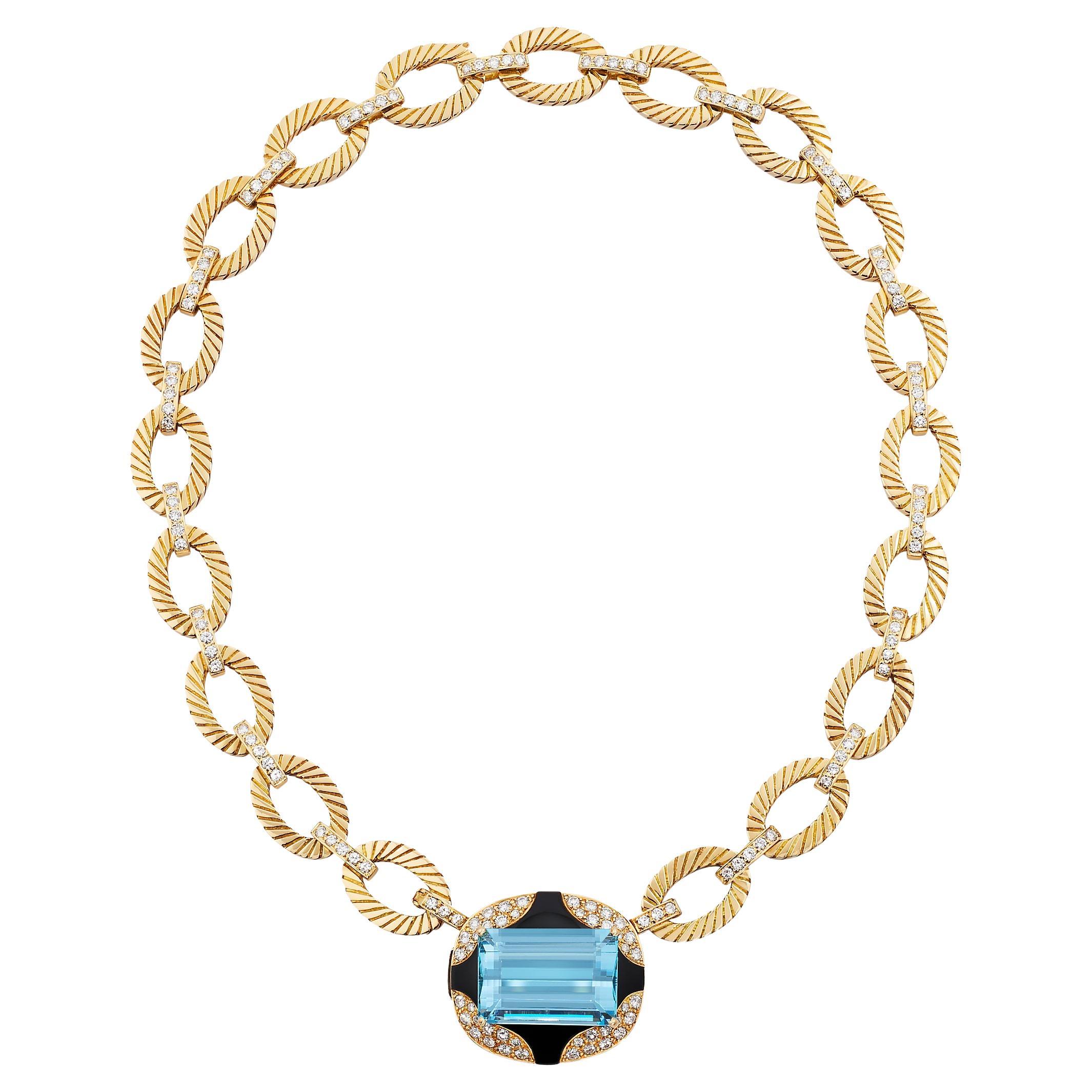 Vintage Aquamarine Diamond Onyx Mauboussin Paris Necklace in 18K Gold For Sale