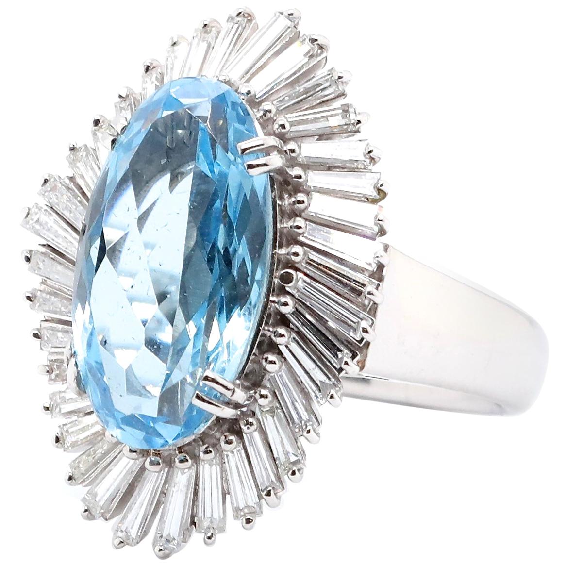 Vintage Aquamarine Diamond Platinum Ballerina Cluster Ring