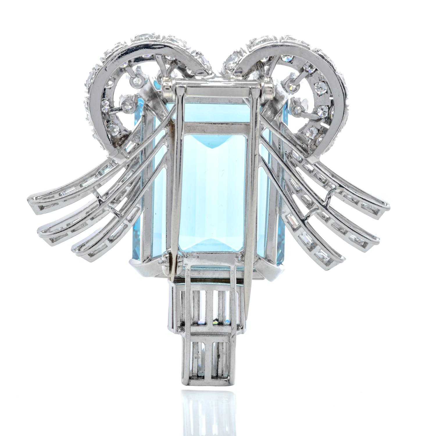 Emerald Cut Vintage Aquamarine Diamond Platinum Deco Brooch Pin Pendant