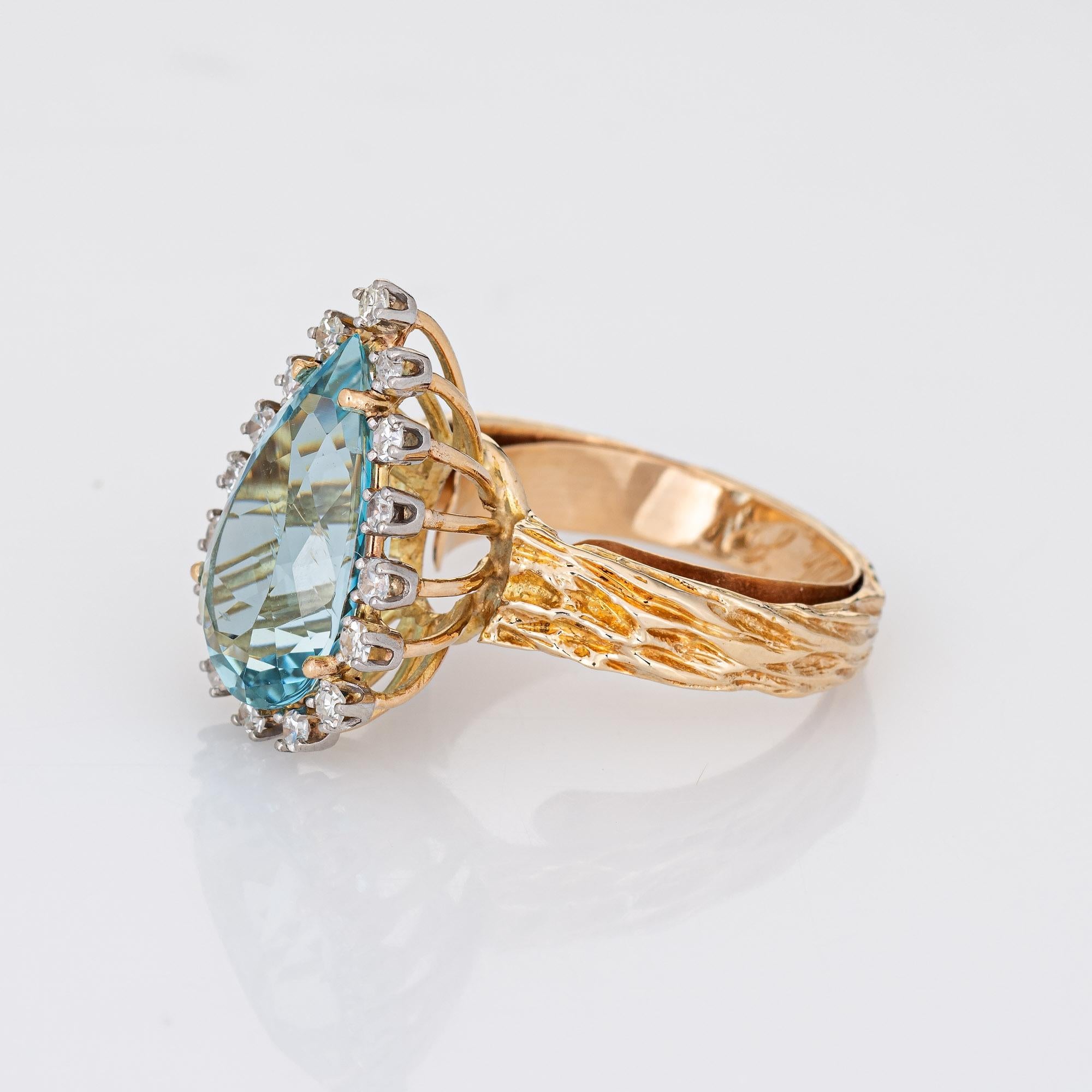 Modern Vintage Aquamarine Diamond Ring Pear Cut 14k Yellow Gold Fine Jewelry For Sale