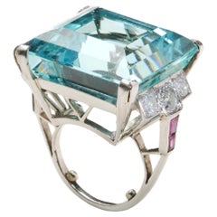 Vintage Aquamarine, Diamond, Ruby And Platinum Ring, Circa 1940, 36.16 Carats