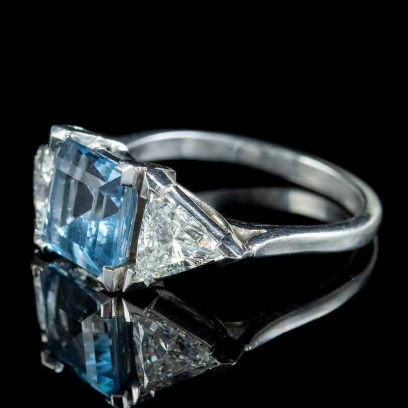 Art Deco Vintage Aquamarine Diamond Trilogy Ring in 3 Carat Aqua For Sale