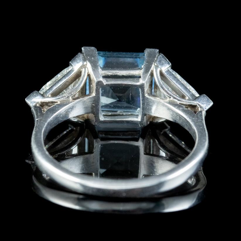 Trillion Cut Vintage Aquamarine Diamond Trilogy Ring in 3 Carat Aqua For Sale