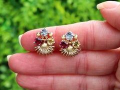 Orecchini a clip vintage in oro giallo 14k con acquamarina, granato e citrino