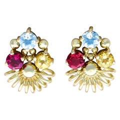 Vintage Aquamarine Garnet and Citrine Yellow Gold Earrings