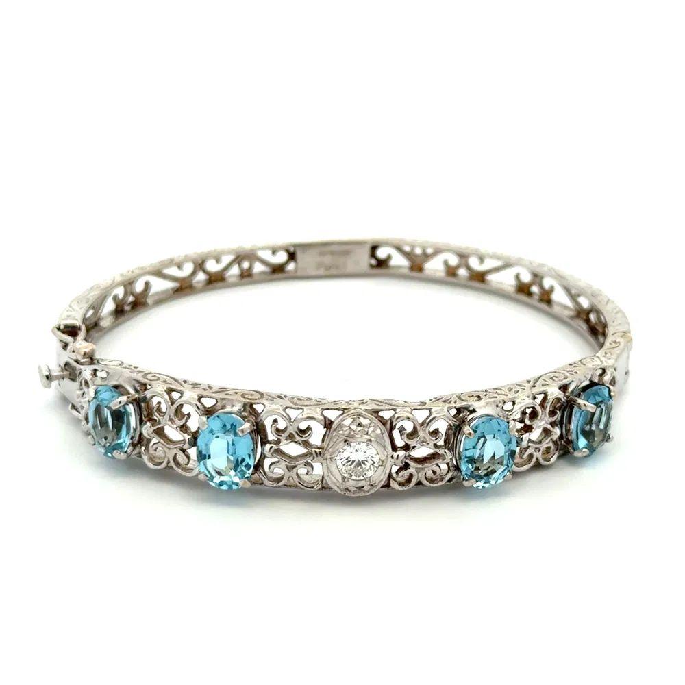 Mixed Cut Vintage Aquamarine Gemstone and Diamond Gold Statement Bangle Bracelet For Sale