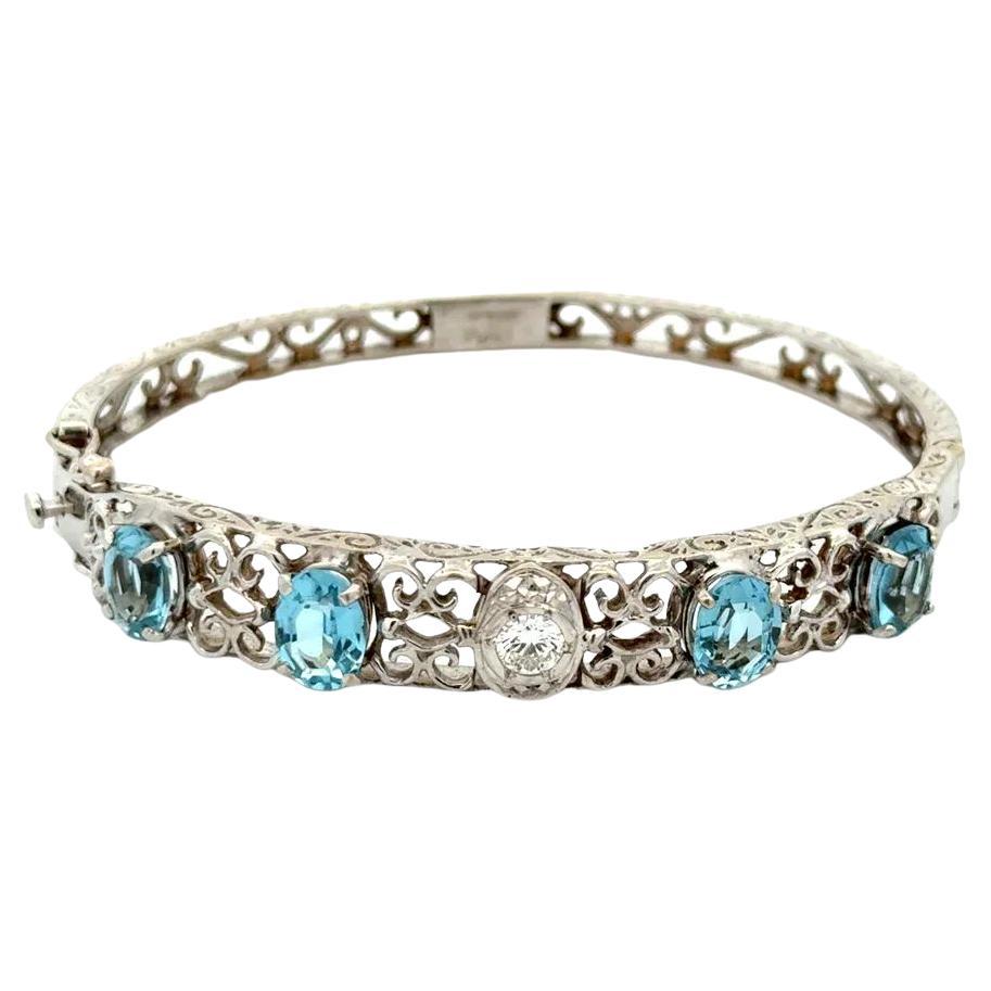 Vintage Aquamarine Gemstone and Diamond Gold Statement Bangle Bracelet For Sale